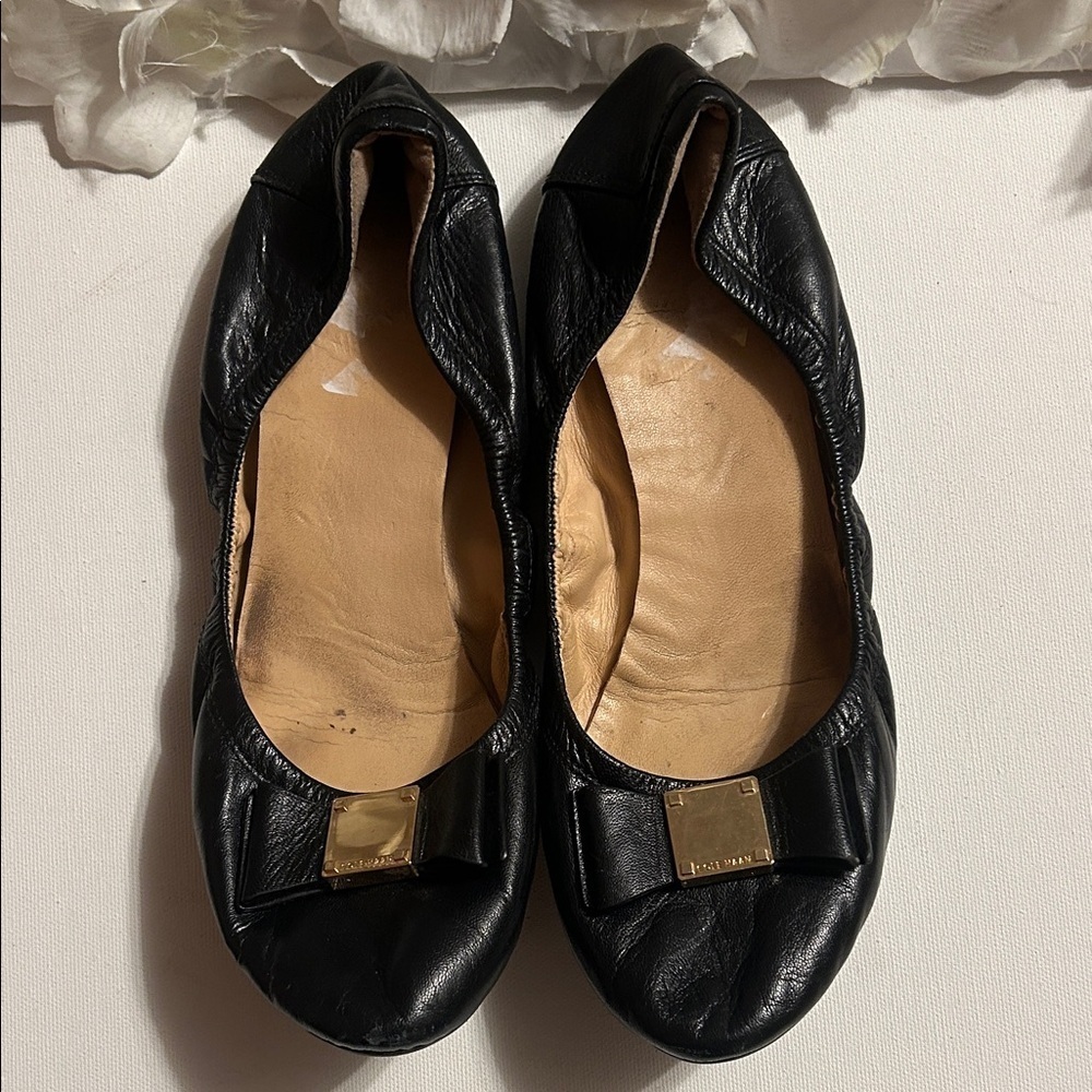 Cole Haan Black Leather Flats with Gold Accent